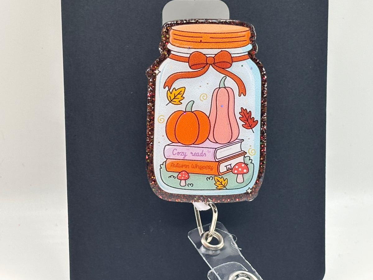 Cozy Autumn Reads Mason Jar Glitter Badge Reel
