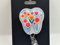Floral Tooth Silver Glitter – Handmade Retractable Dental Badge Reel