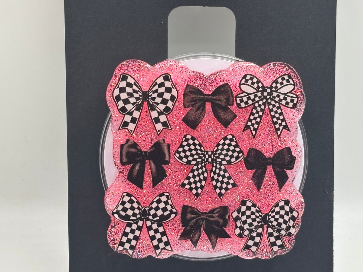 Pink Glitter & Checkered Bows – Handmade Resin Phone Grip
