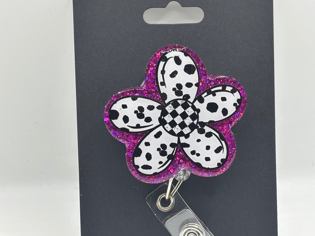 Cow Print Daisy Pink Glitter Badge Reel