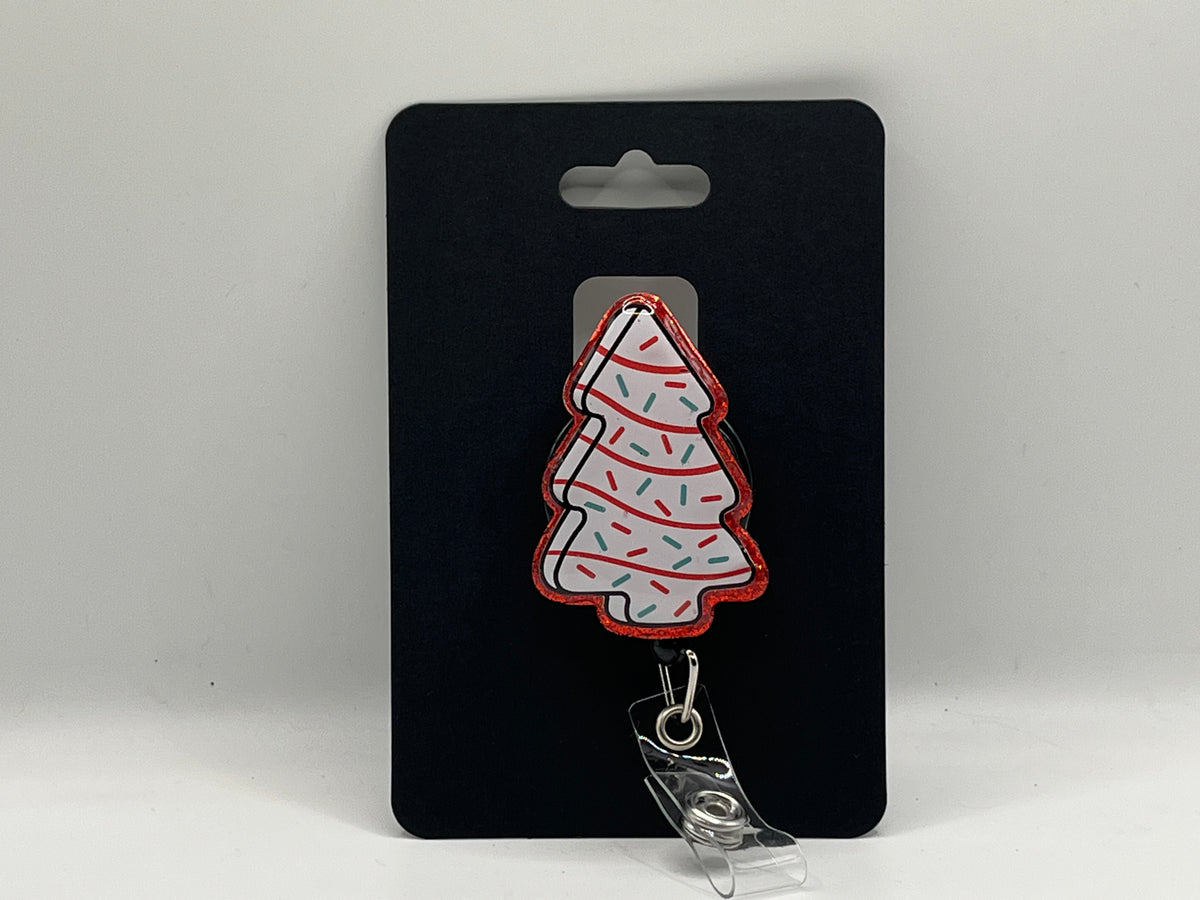 Christmas Tree Cake Glitter Badge Reel