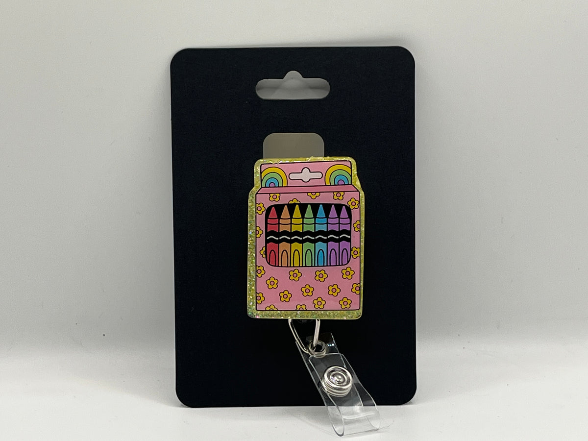 Retro Crayon Box Glitter Badge Reel
