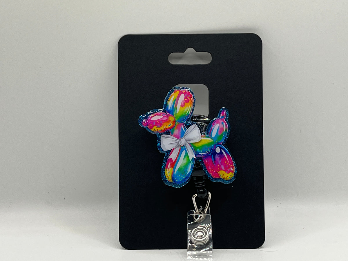 Rainbow Balloon Dog Glitter Badge Reel