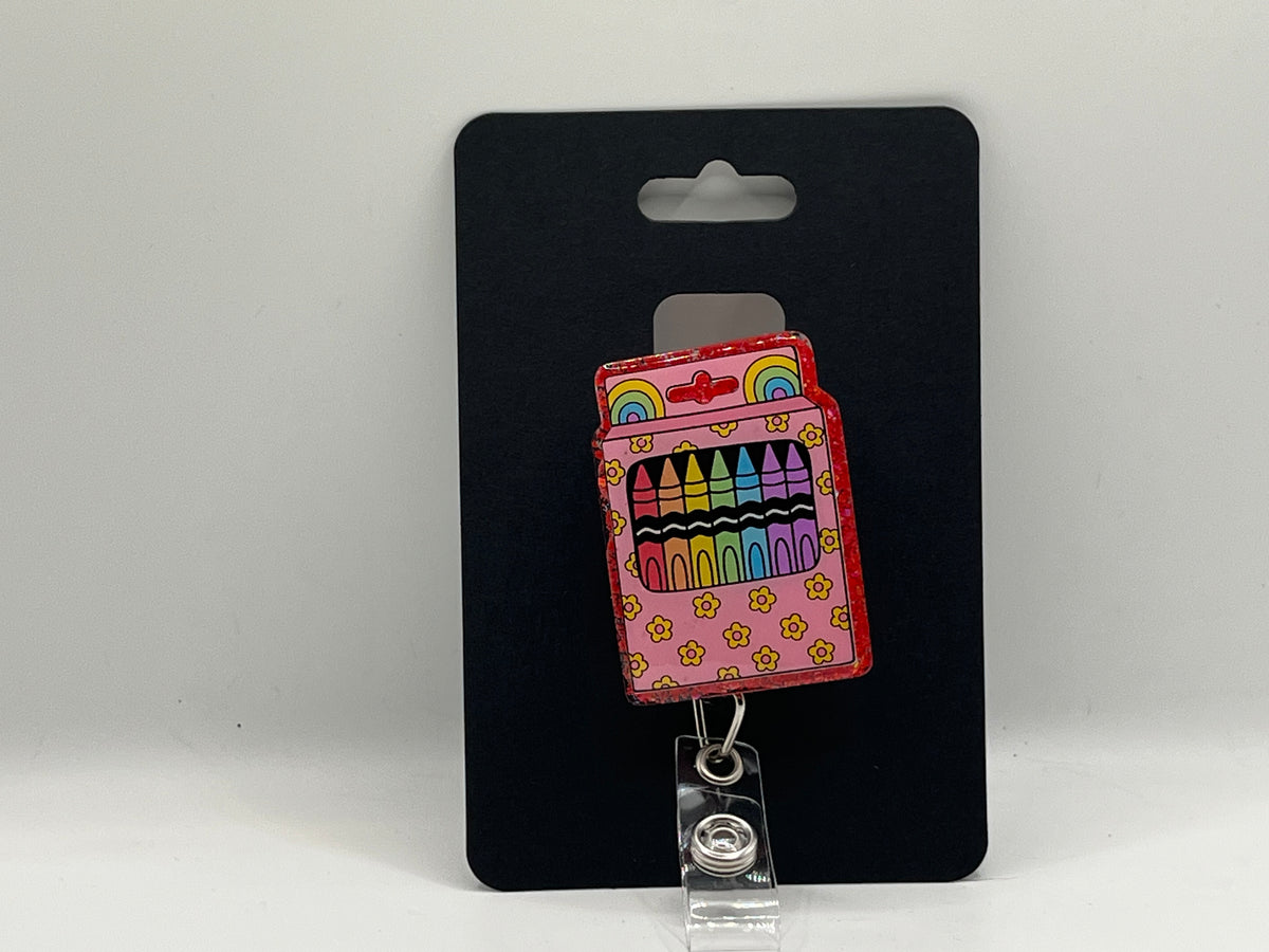 Rainbow Crayon Box Red Glitter Badge Reel