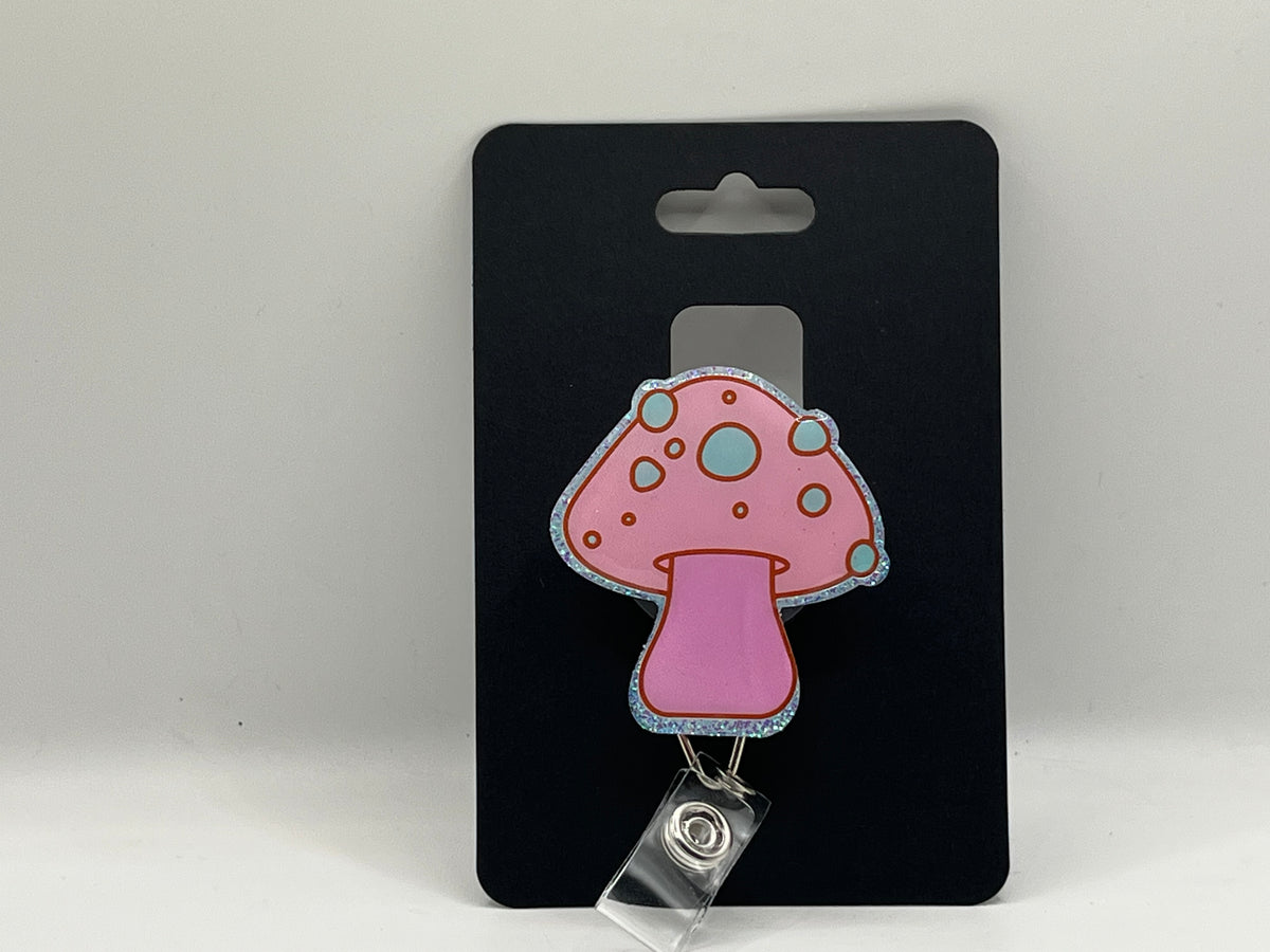 Pink Mushroom Glitter Badge Reel