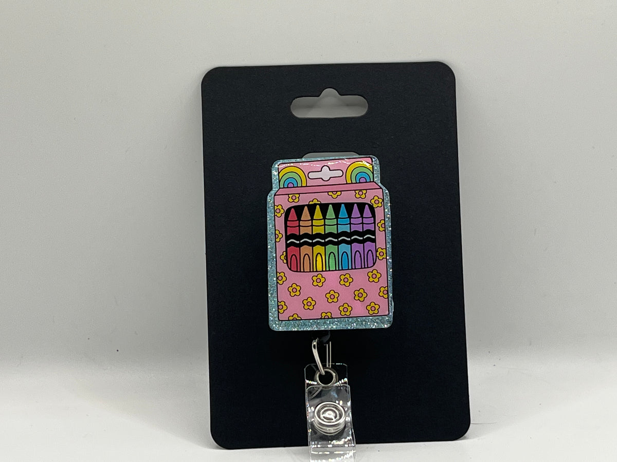 Rainbow Crayon Box Glitter Badge Reel