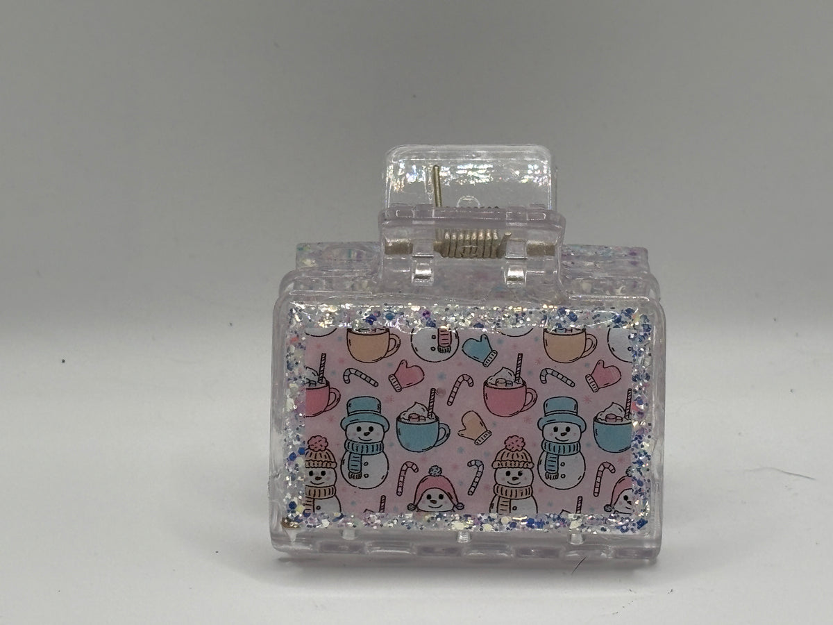 Pastel Snowman & Hot Cocoa Glitter Hair Claw Clip