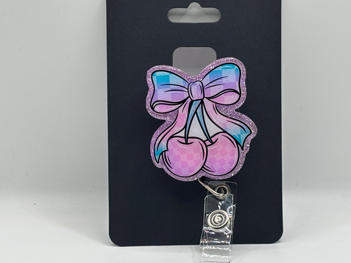 Pastel Cherry Bow Glitter Badge Reel