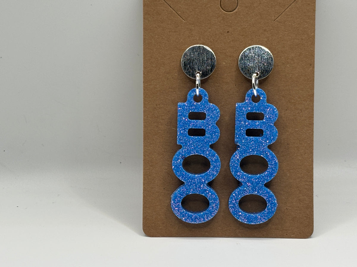 Blue Glitter BOO Halloween Earrings