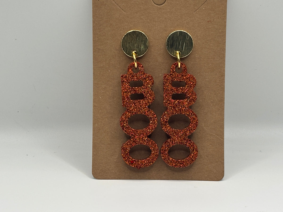 Copper Glitter BOO Halloween Earrings