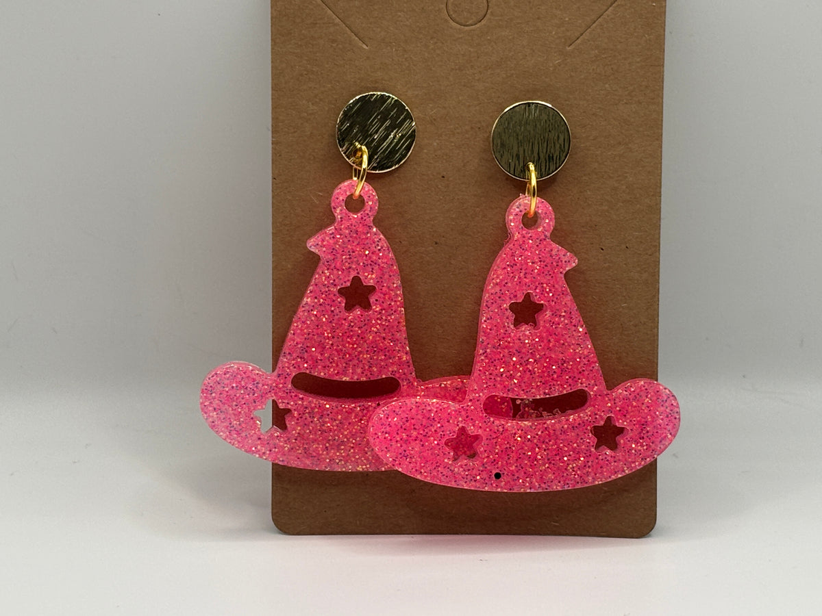 Pink Glitter Witch Hat Earrings