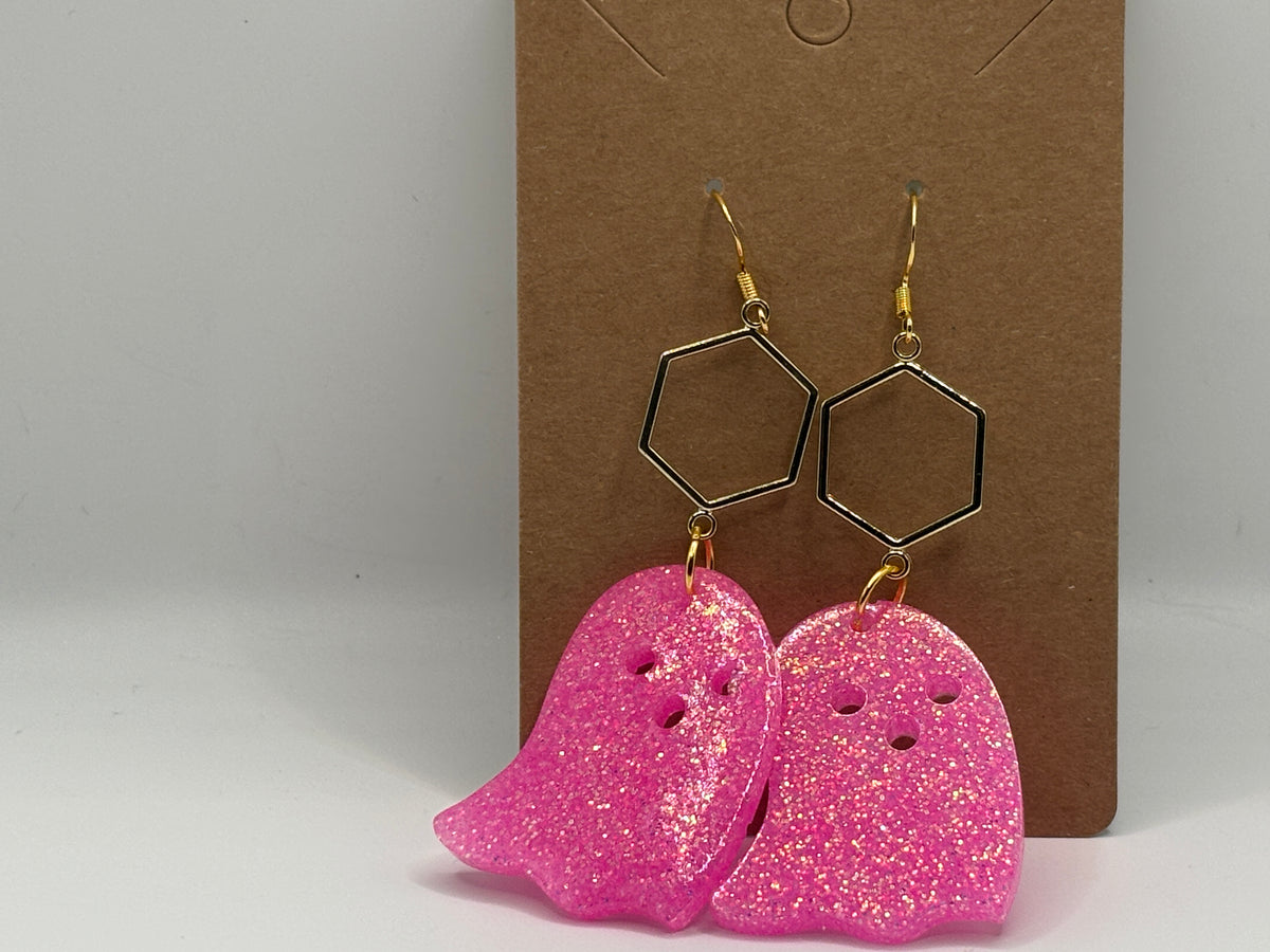 Pink Glitter Ghost Earrings – Gold Geometric Halloween Dangle Earrings