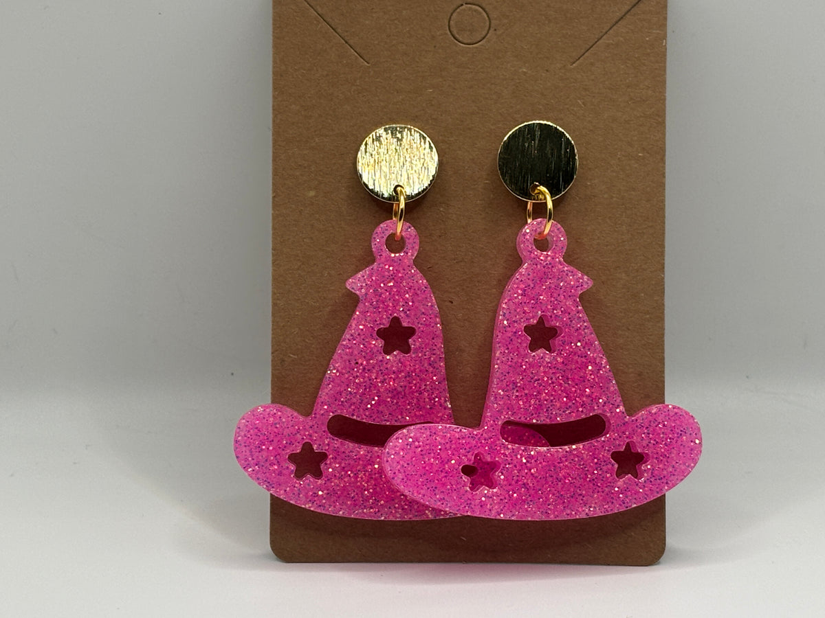 Hot Pink Glitter Witch Hat Earrings