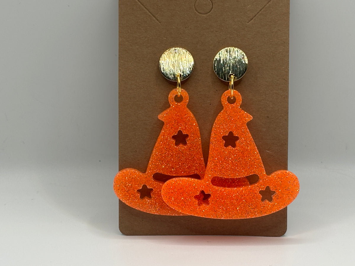 Orange Glitter Witch Hat Earrings