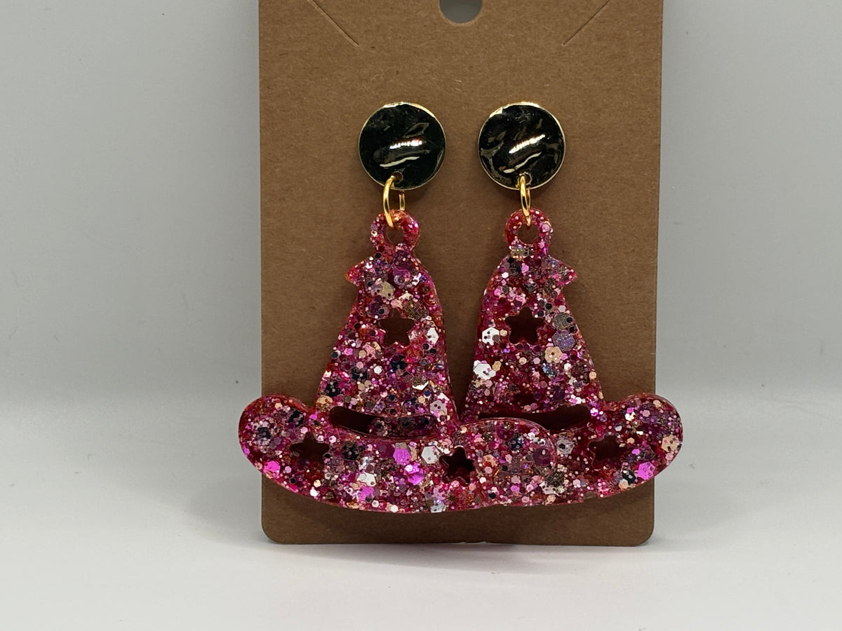 Hocus Pocus Pink Confetti Witch Hat Earrings