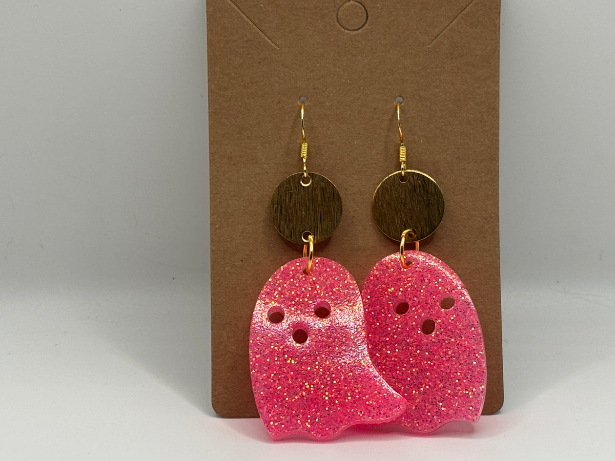 Hot Pink Glitter Ghost Earrings with Gold Accents