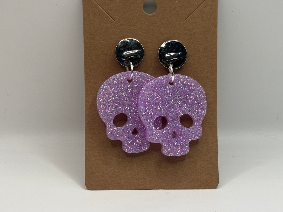 Lavender Glitter Skull Earrings