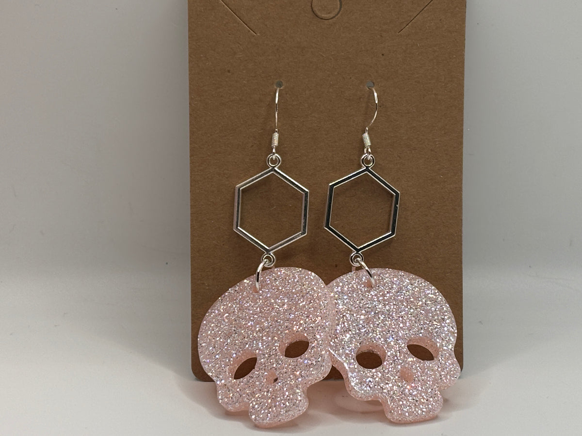 Blush Pink Glitter Skull Earrings