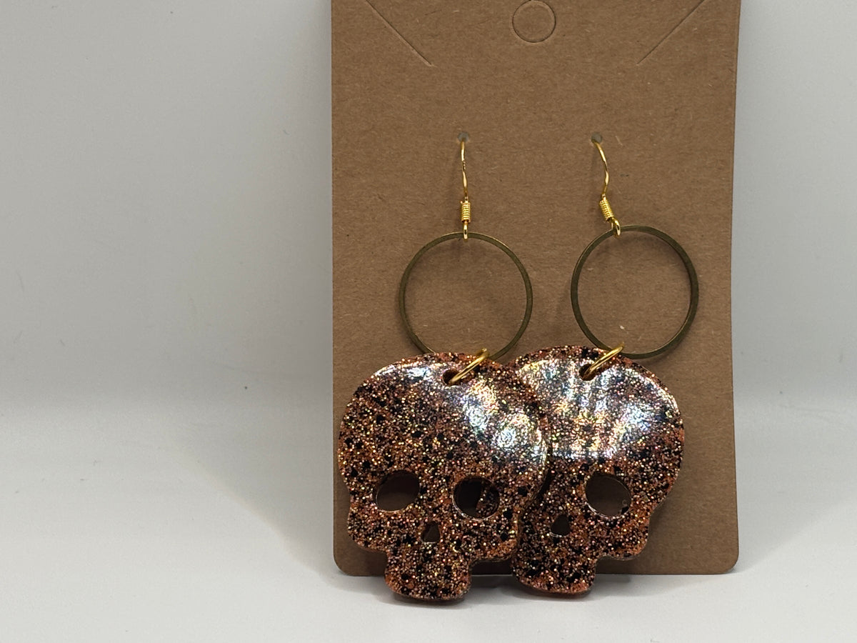 Bronze Glitter Skull Hoop Earrings