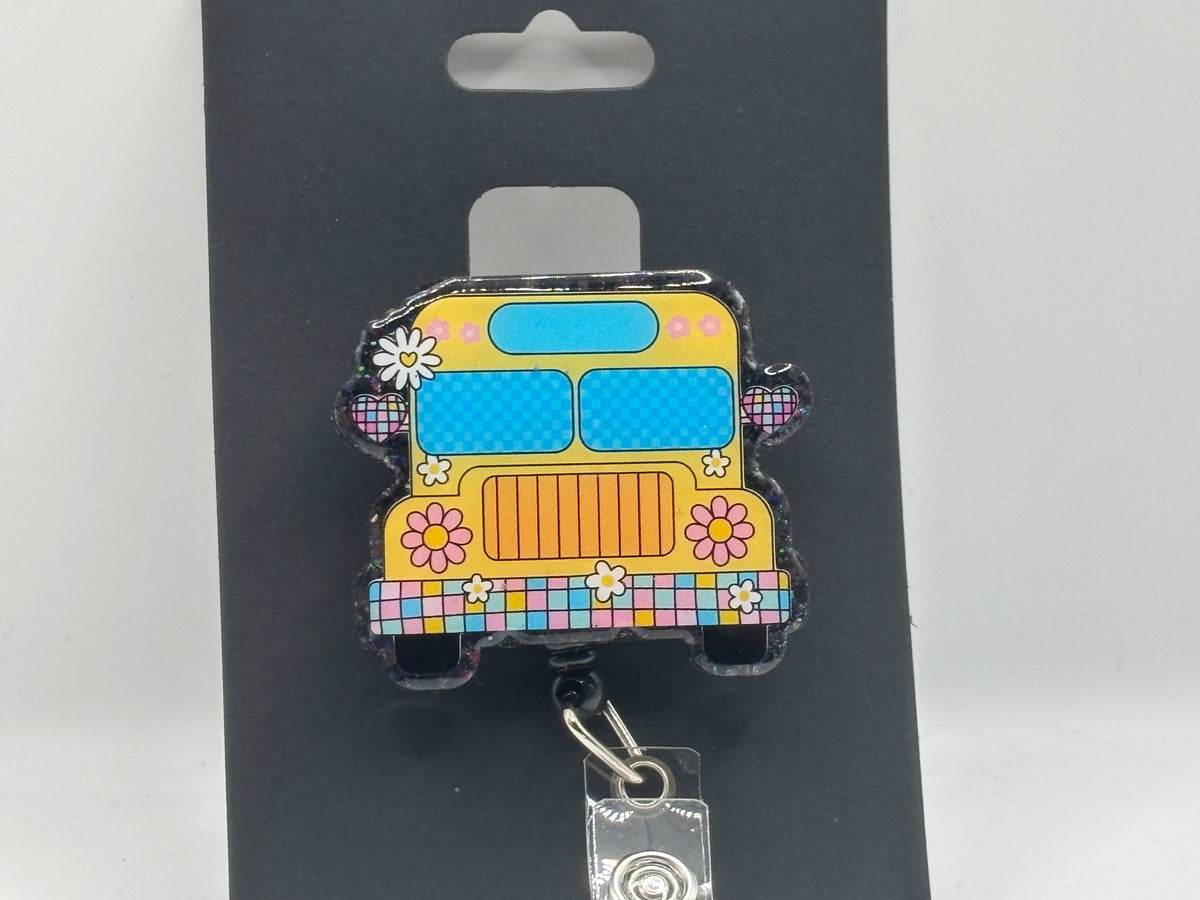Groovy Flower Power School Bus – Glitter Badge Reel