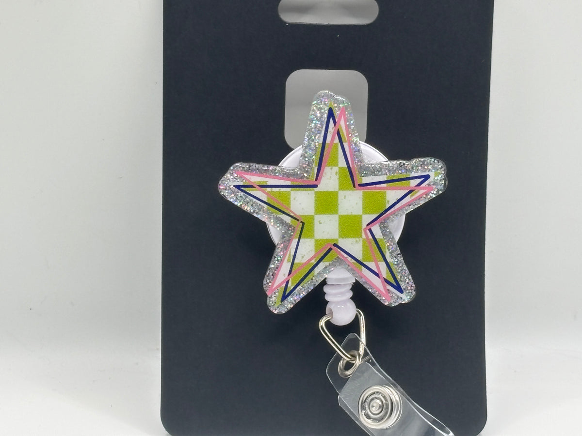 Groovy Checkered Star – Glitter Badge Reel