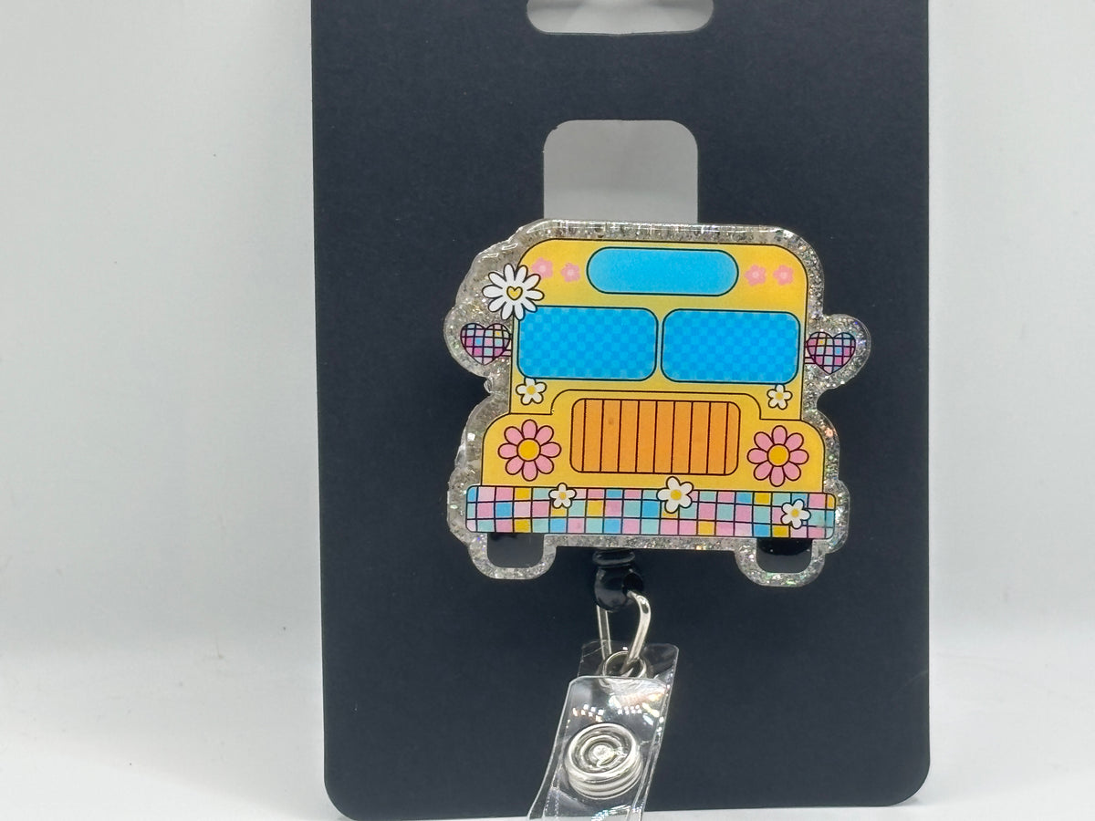 Groovy Flower Power School Bus – Glitter Badge Reel
