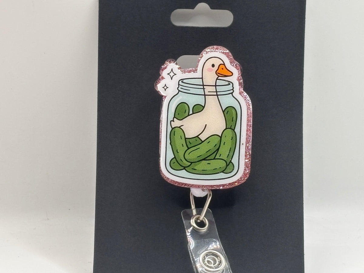 Pickle Jar Goose Glitter Badge Reel