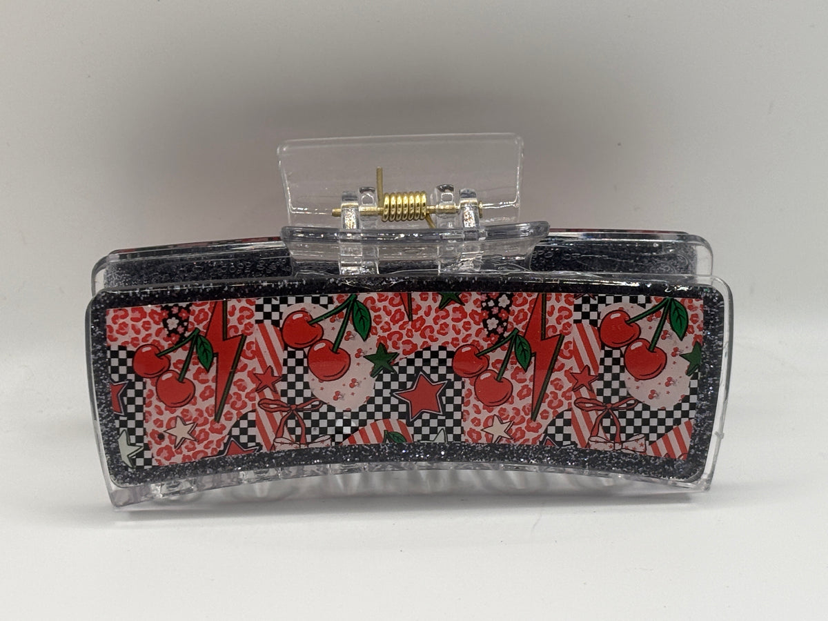 Cherry Bomb Retro Glitter Hair Claw Clip – Black Sparkle