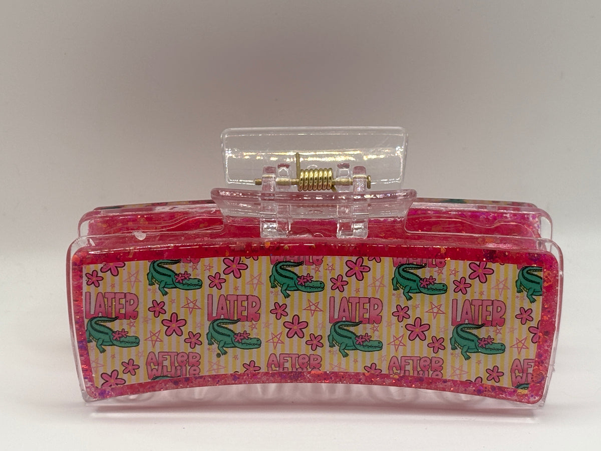 Later Alligator Pink Glitter Hair Claw Clip – Retro Groovy Sparkle