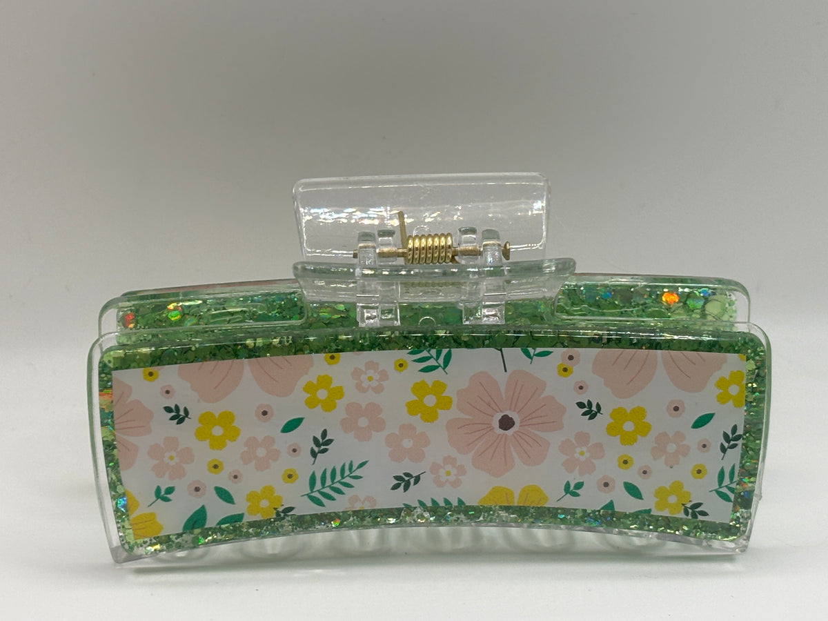 Spring Meadow Floral Glitter Hair Claw Clip
