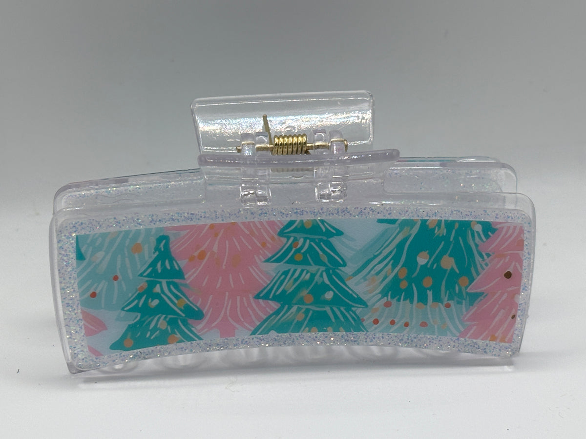 Pastel Christmas Trees Sparkle Hair Claw Clip